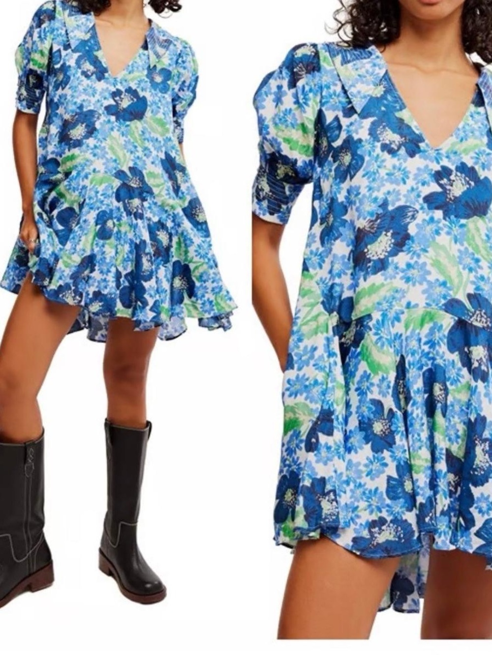 Free People Floral V-Neck Mini Dress in Blue and Green